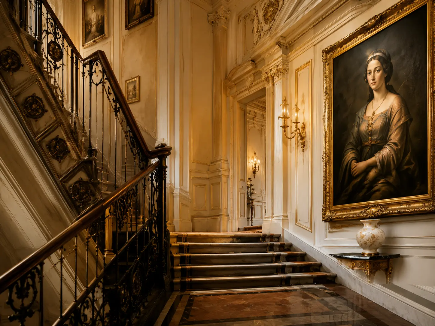 A historic hotel staircase lined with portraits